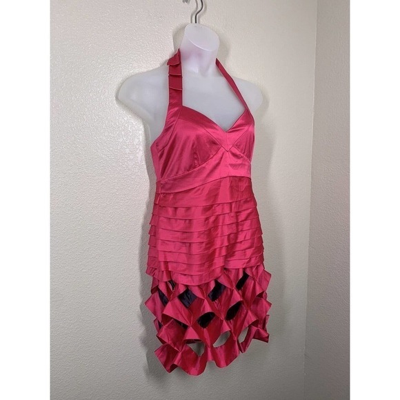 Karen Millen Pink Silk Blend Halter Dress Size 12 Ruffles - Picture 2 of 5